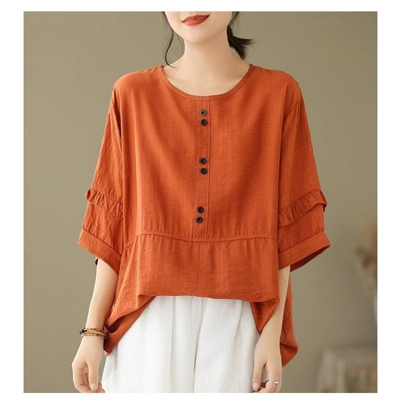New Cotton Linen Retro Lazy Shirt Women's Summer Thin Loose Short-sleeved Versatile Top