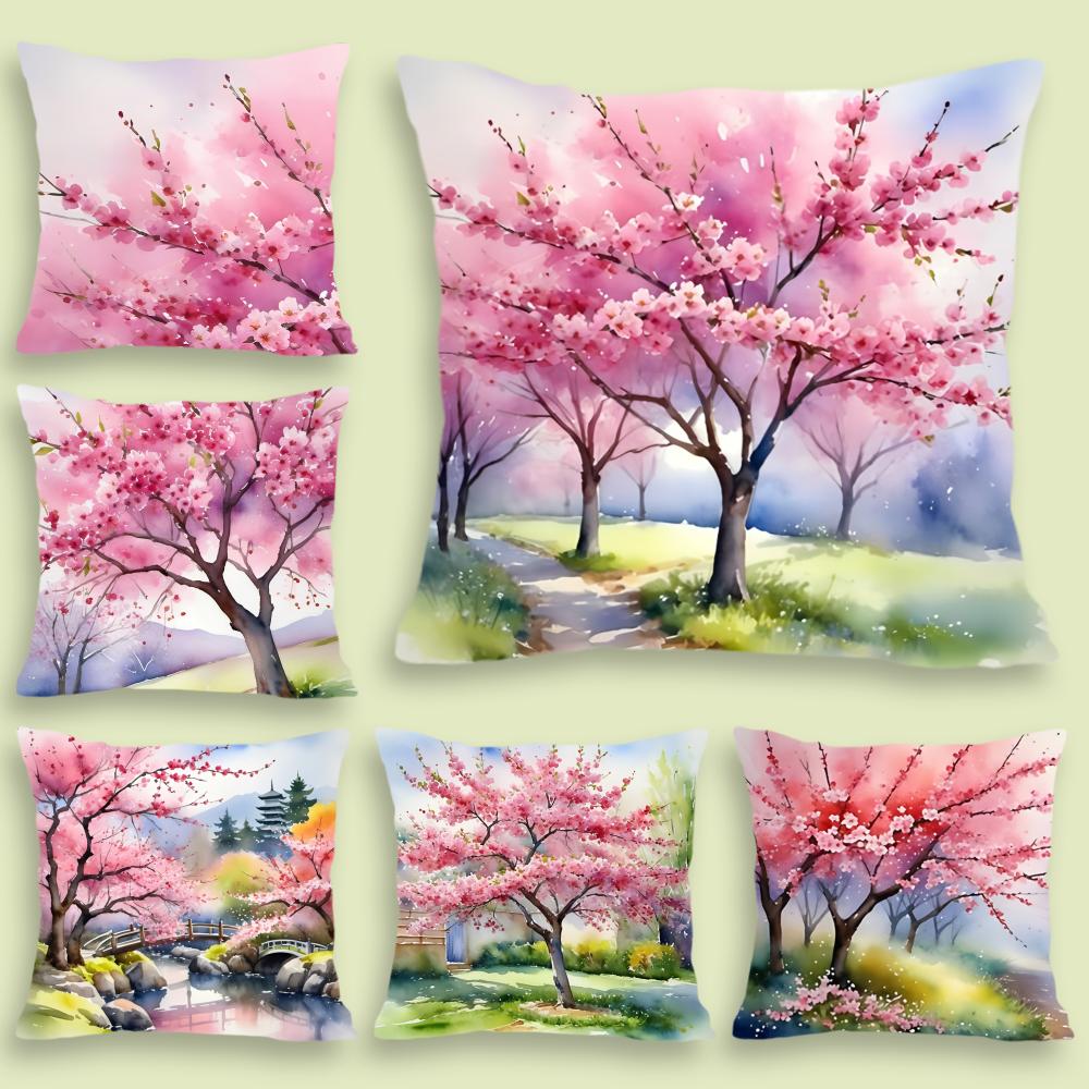 Cherry Tree In Spring Cushion Cover Soft Plush Fabric Double-Sided Printed Sofa Cushion Cover For All Seasons Home Decor Gift