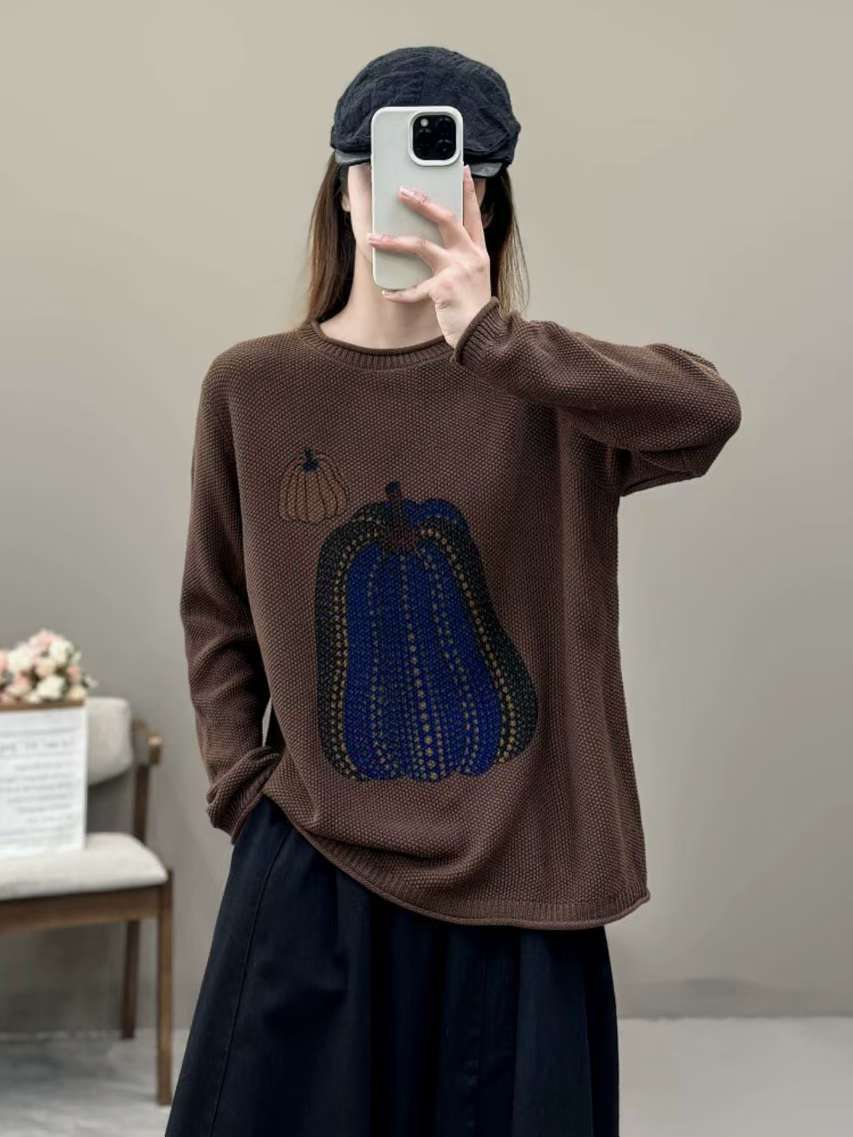 

Johnature Woman Winter Fashion Pumpkin Print O-Neck Sweater Niche Long Sleeves Retro Personality Sweater One Size кавовий