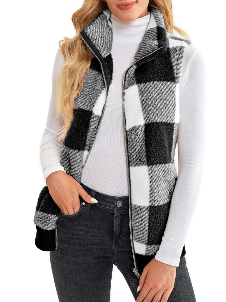 Women's 2025 Autumn/Winter Plaid Plush Sleeveless Cardigan with Stand-up Collar and Zipper