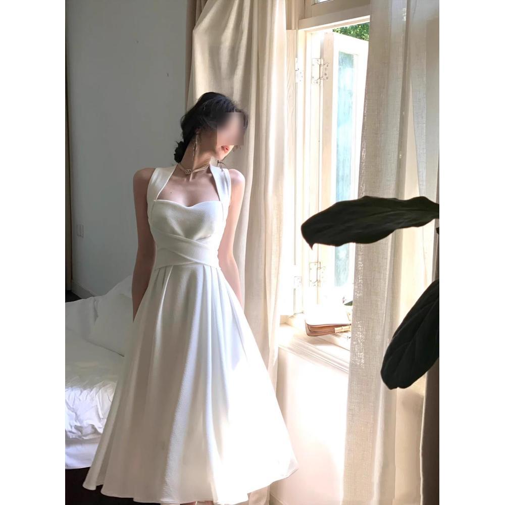 Temperament White Dress Women's Summer New Cross-strap High-end Niche Suspender Waist Slim Dress