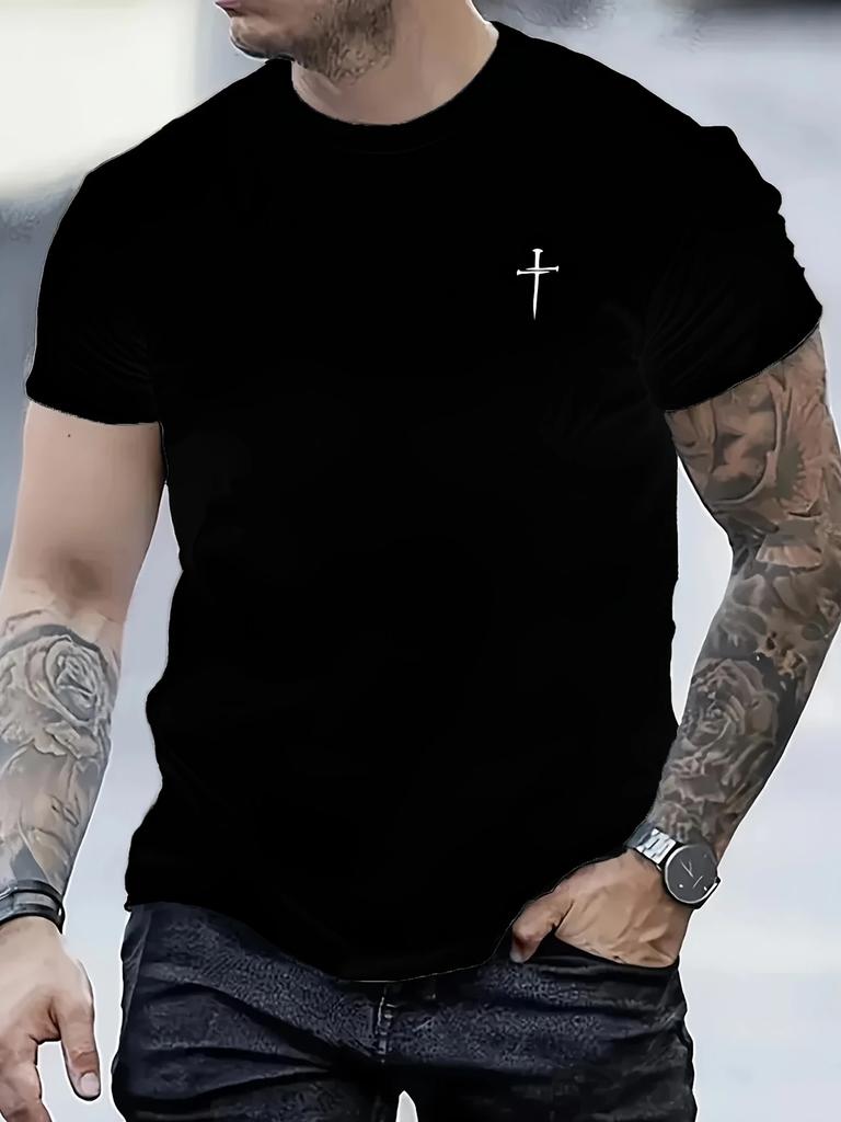 Mens Casual Round Neck Tshirt with Cross Design Summer Top Daily Tshirt Minimalist Style Tshirt Comfortable Fit