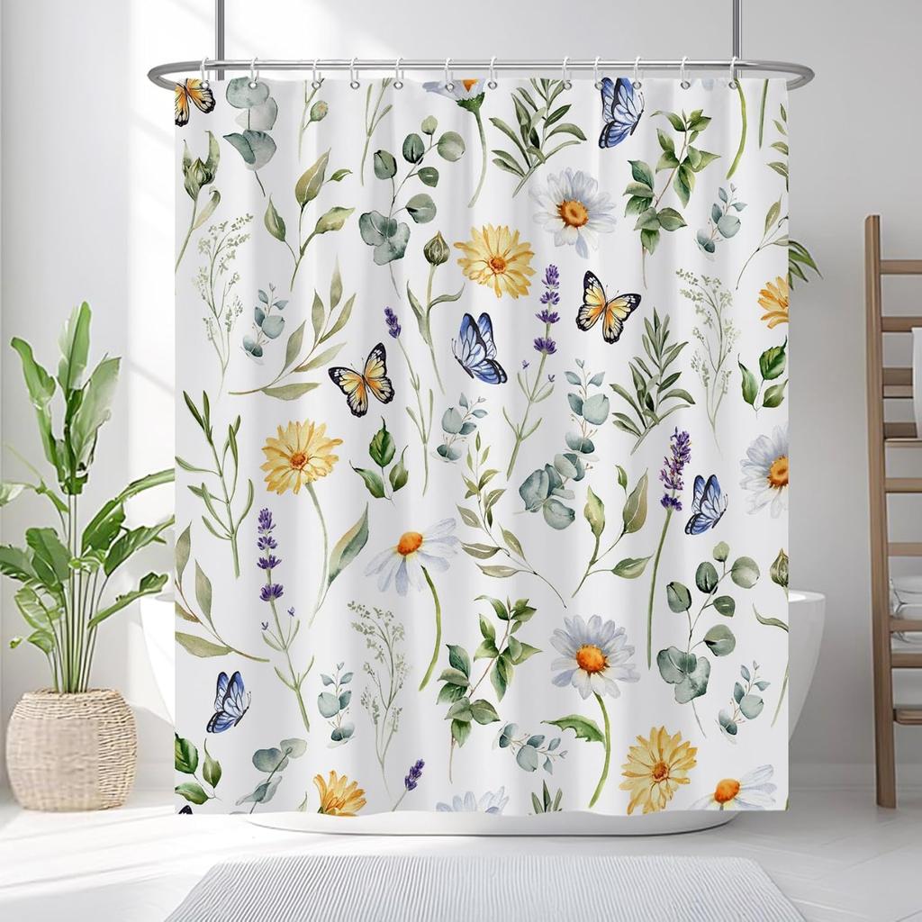 Blue Watercolor Floral Shower Curtain, Botanical Wildflower Design, Waterproof Polyester With Hooks