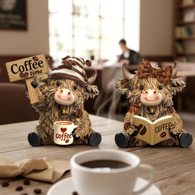 Coffee Highlands Cow Figurines Farmhouse Decors,Resins Animal Statue Table Ornament Garden Bookshelfs Decors Calf Lover