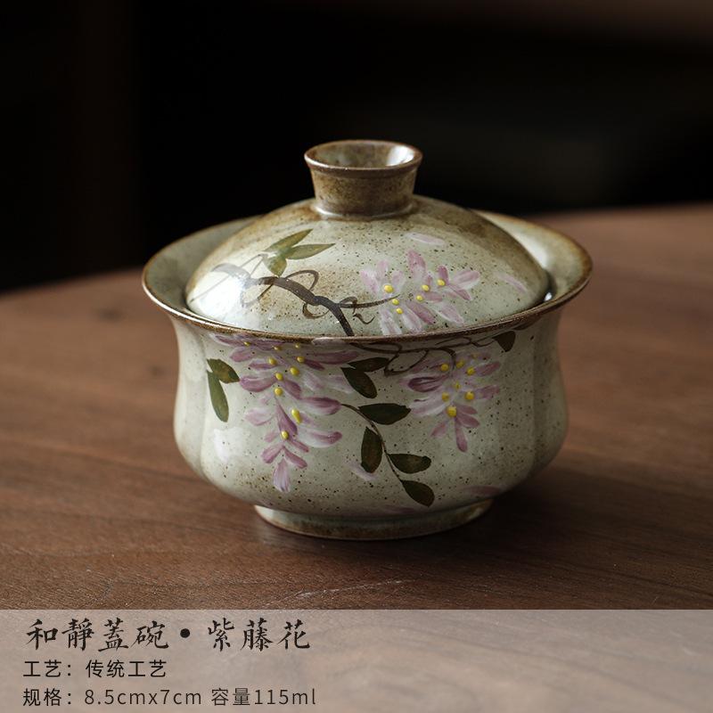 Hand-painted Wisteria Flower Two Talents Gaiwan Traditional Tea Tureen Tea Bowl With Lid Kit Tea Maker Cover Bowl Teaware Craft