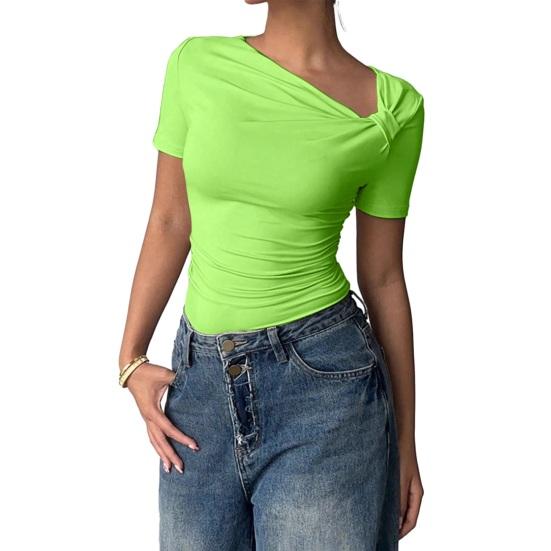Chemise Femme Manches Courtes Col Biais Style Commuting Hauts Décontractés Coupe Ajustée Couleur Unie T-shirt d'Été