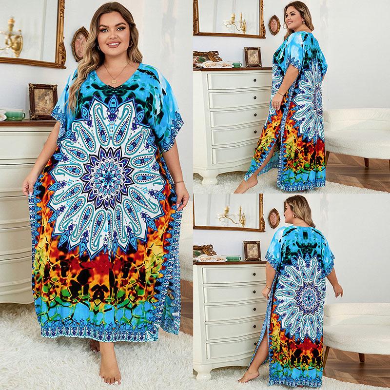 European-American Rayon Print Plus Size Beach Cover-Up Dress & Long Robe