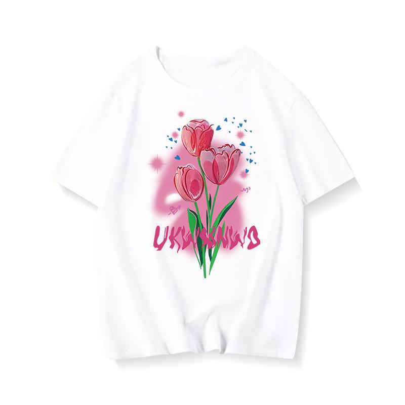 

Летняя женская хлопковая рубашка с круглым вырезом и короткими рукавами.;футболка с трендовым принтом, новая футболка S белый