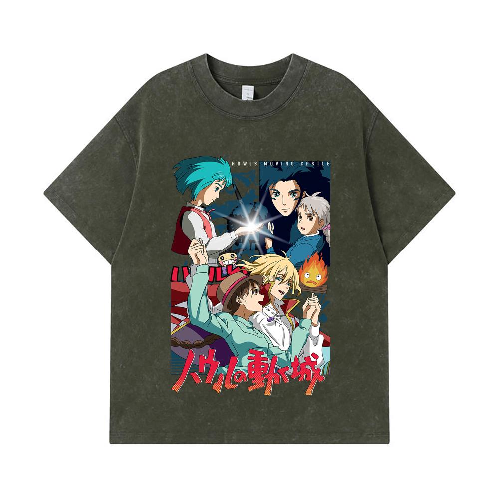 

275 GSM Washed T-shirts 100% Cotton Ghibli V2 Howl Moving Castle Print Unisex Heavy Cotton T Shirt S армия зеленый