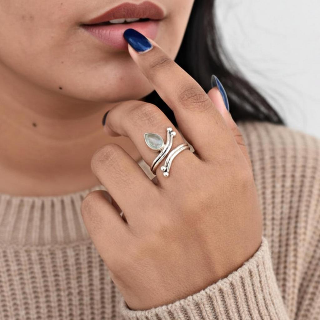 Natural Prehnite Statement Ring: 925 Sterling Silver, Adjustable Prehnite Wrap Ring, Gift for Her