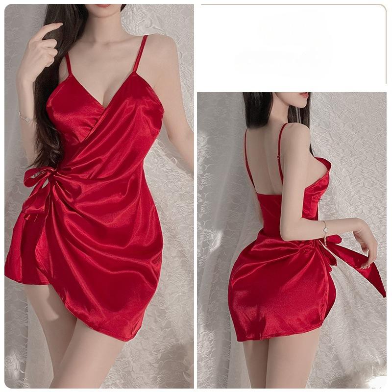 Women’s Sexy Solid Color Sleep Dress Tie-Up Slim-Fit Nightgown Ruched Camisole Nightdress