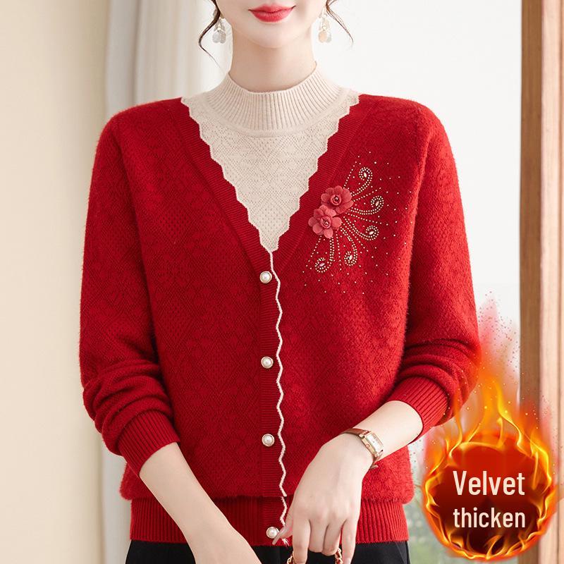 Women's Winter Knit Sweater with Fleece Lining, Faux Two-Piece, Thickened & Warm