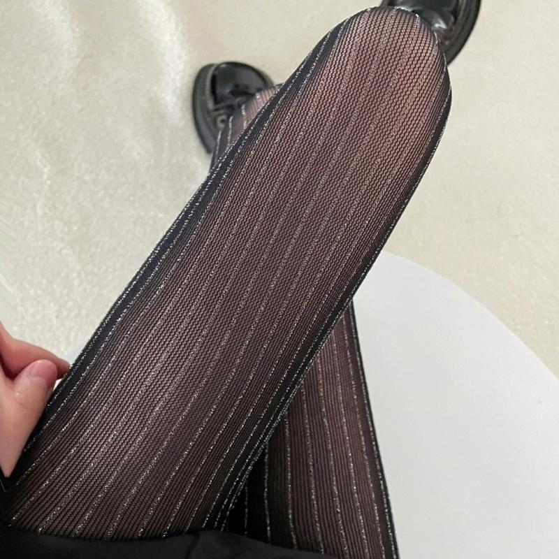 Women Thin Colored Stockings Shimmering Striped Sexy Semi Sheer Pantyhose Tights