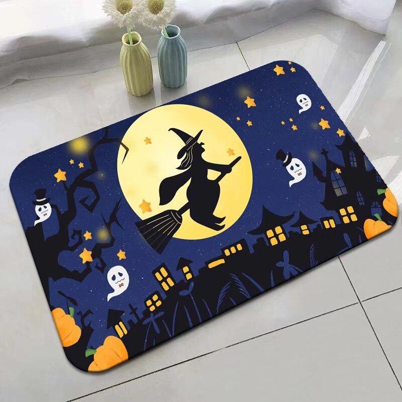 Halloween Themed Door Mat with Pumpkin Bat Pattern Non Slip Absorbent Indoor Outdoor Welcome Mat for Home Decor