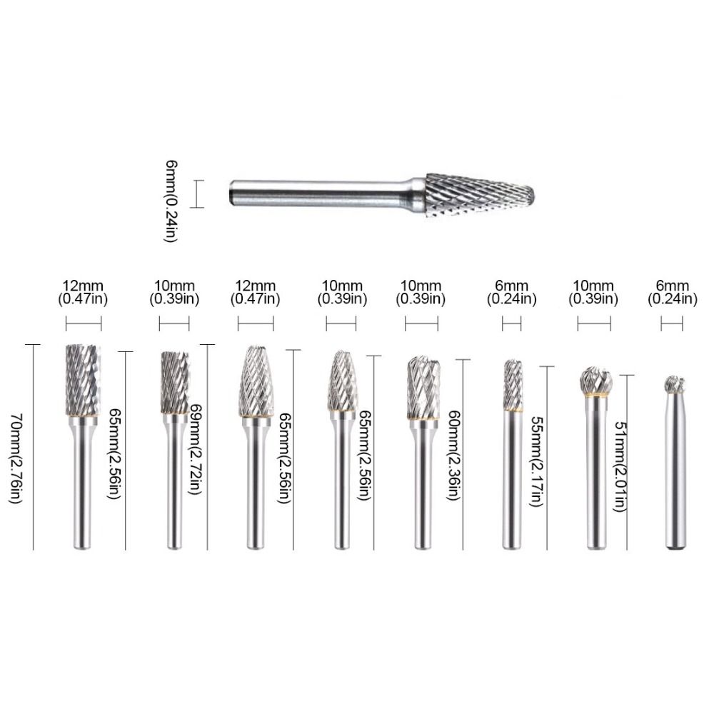 8pcs/set Precision Rotary Cutter File 6mm Shank Rotary Burr Set Double Cut Rotary Burr File  Metal