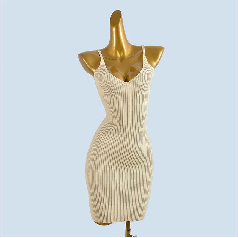 Export Cut Label Double V Neck Low Cut Knitting Sling Dress Summer and Autumn Sunken Stripe Silm Slimming Office Lady Skirt Vest Dress