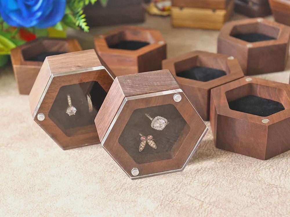 Magnetic Black Walnut Acrylic Ring Box for Engagement or Gift