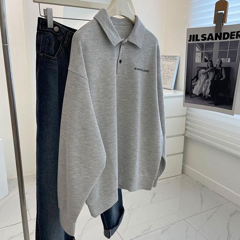 Retro Volný Střih Mikina Polo s Dlouhým Rukávem - Styl Francouzského Influencera