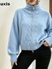 Solid Color Chunky Double Button Stand Collar Zip-Up Knit Cardigan Coat Autumn New Fashion Top