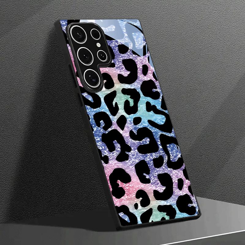 Leopard Print Gradient Tempered Glass Phone Case Suitable for Samsung Galaxy S26 S25 S24 S22 S21 S20 FE/Ultra/Plus Anti Drop