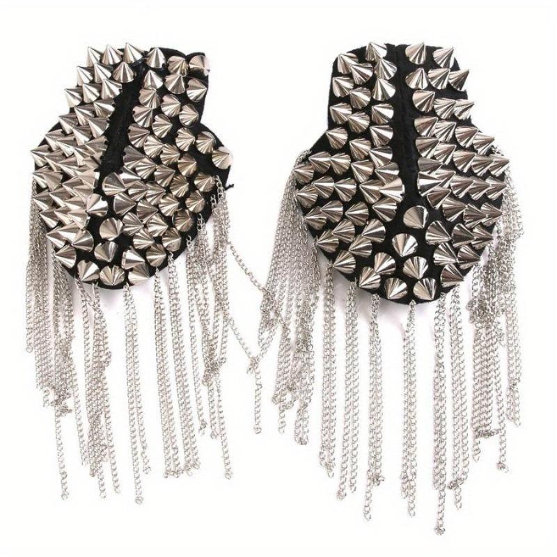 1Pc Punk Skirt Silver Rivet Tassel Necklace Epaulet Shoulder Flap Badge