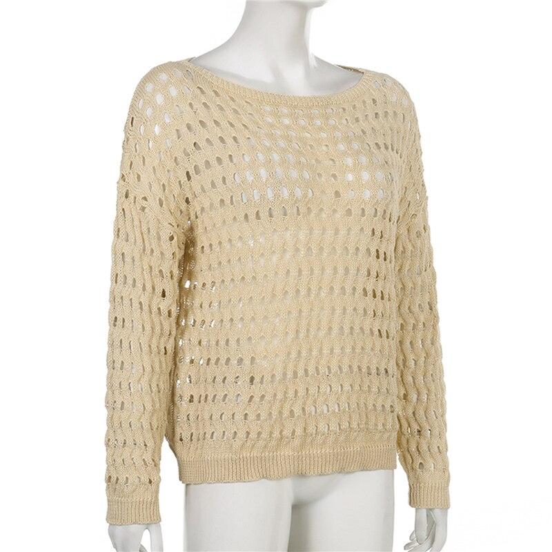 Women's T-Shirts Y2k Vintage Knitted Beach Cover-Ups Hollow-Out Solid Color Long Sleeve O Neck See-through Oversized
