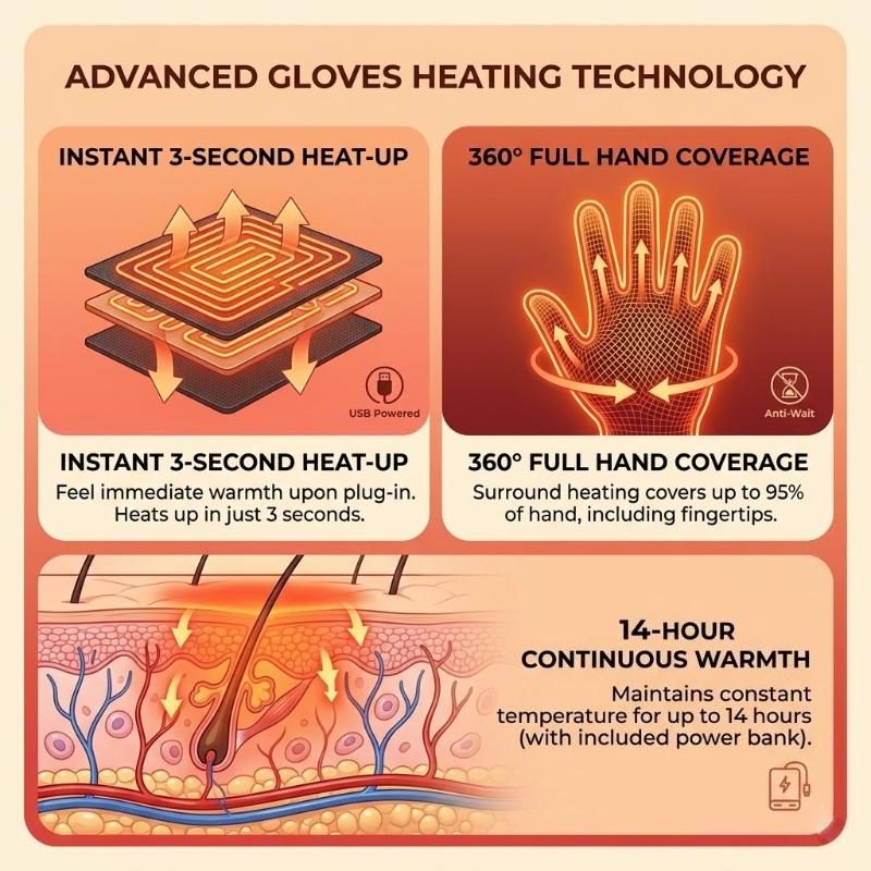 USB Electric Heating Gloves Anti Slip Five Finger Back Hand Warm Thickened Charging Constant Temperature for Outdoor Cycling