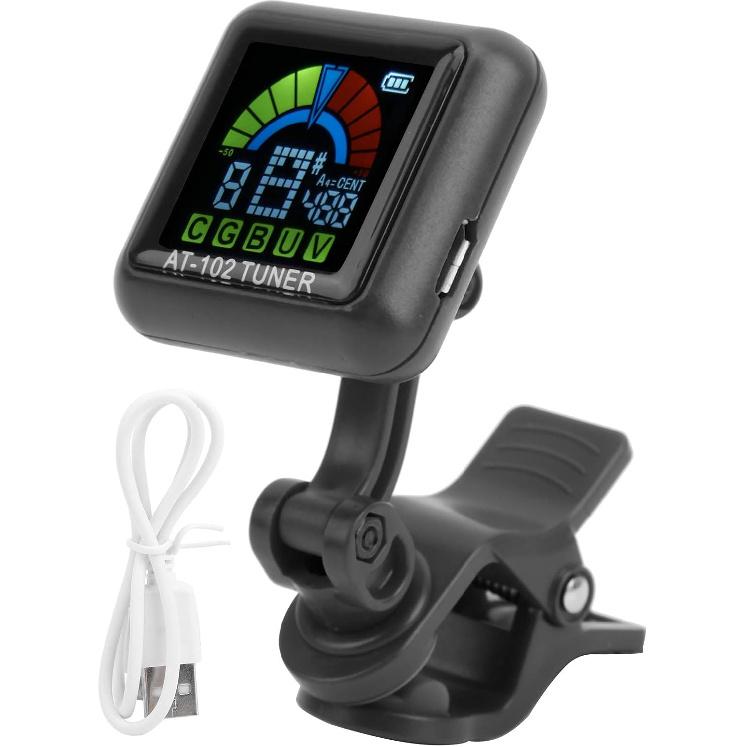 Clip on Tuner, High Definition Color Screen USB Rechargeable Ukulele Tuner Suitable for Guitar Bass Ukulele Violin (AT-102 black)
