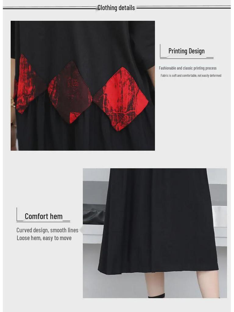 2024 Plus Size Women’s Summer Mid-Length Color Block Short Sleeve Loose Dress