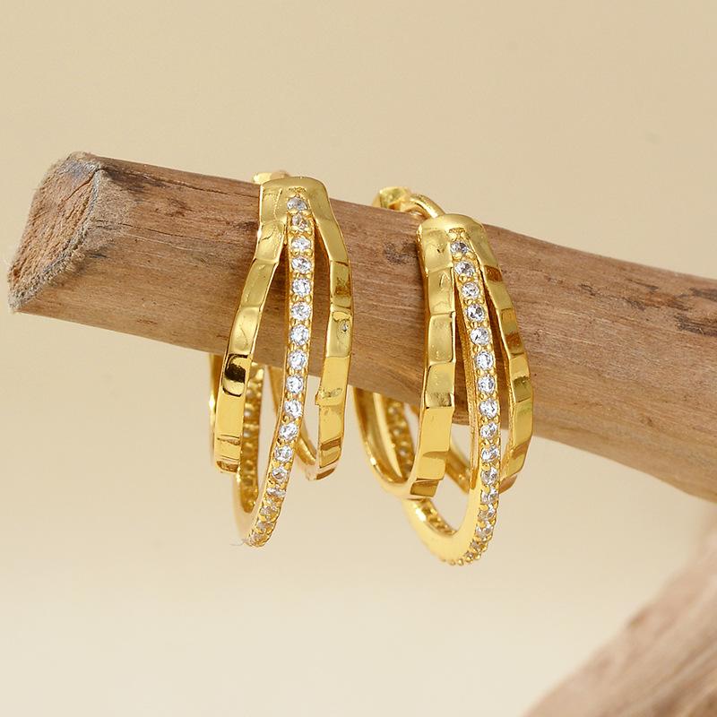 

New S925 Silver 3 Layer U Shape Zircon Earrings Elegant Hoop Earrings Style Jewelry золотой