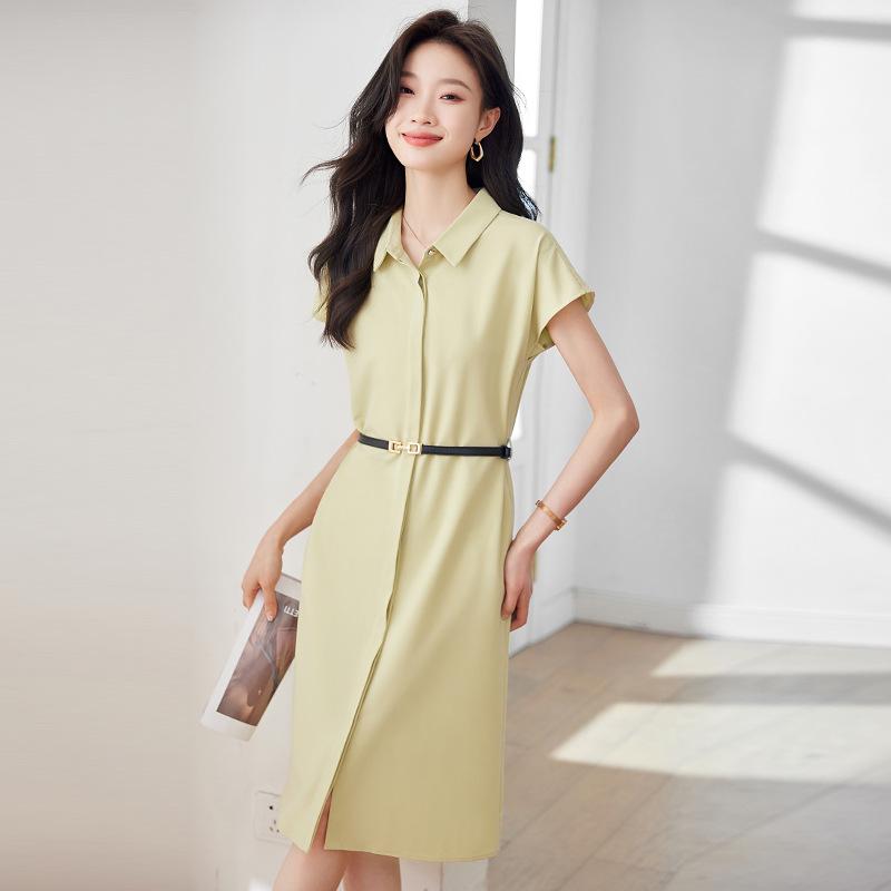 Women's Summer Polo Collar Shirt Dress - Waist-Slimming, Single-Breasted, Solid Color, Versatile, Mid-Length