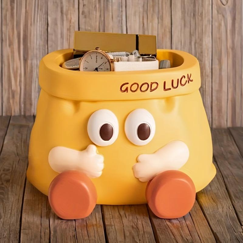 Good Luck  Resin Desk Organizer with Cute Face ,Multi-Compartment Pencil Holder, Scissors ,Eyeglasses Storage, Vibrant Yellow with Red Accents