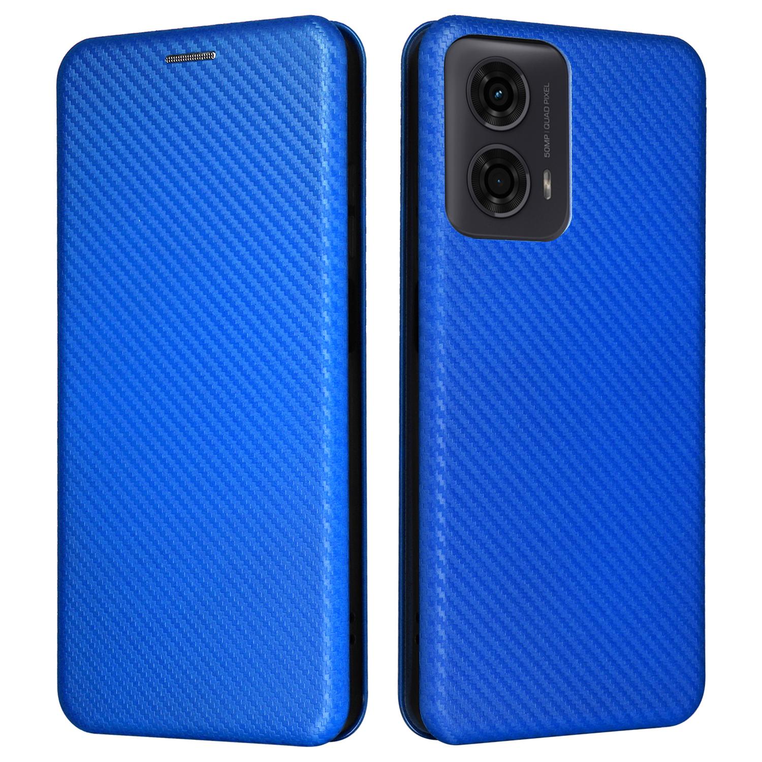 

For Motorola Moto E14 4G/G04 4G/G04s 4G/G24 4G Case Leather Carbon Fiber Texture Magnetic Protective Phone Cover Blue