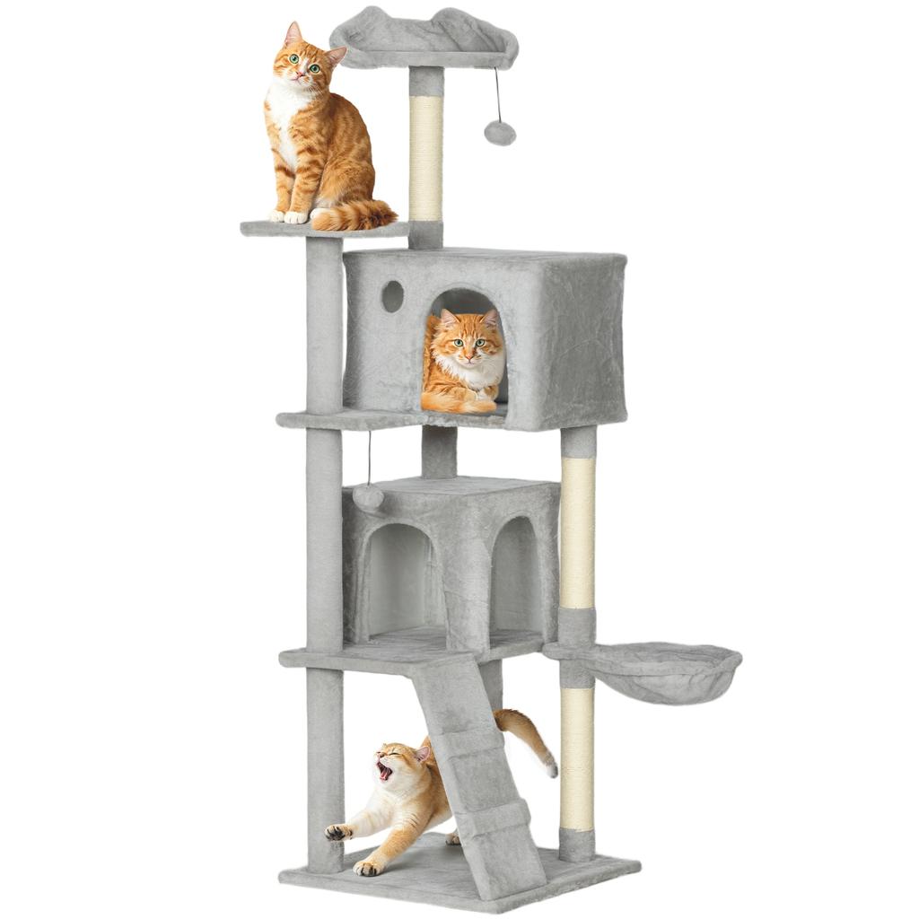 160 cm Cat Tree, Multiple Levels, Sisal Scratching Posts, Caves, Plush Platforms, Hammock, Ladder, Play Balls