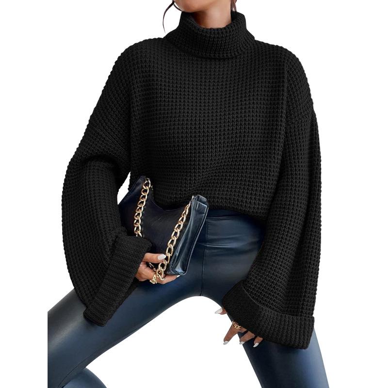 MD1006 European Women's Knitwear High Neck Bell Sleeve Pullover Sweater