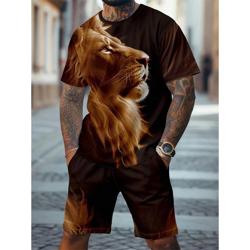 2024 New Crew Neck Short Sleeve T-shirt Fashion Shorts Set 3D Lion Print Short Sleeve Shorts 2-piece Men's Summer Sports Set