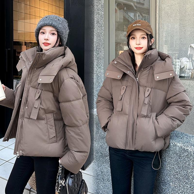 

Winter new hooded streamer thickened jacket jacket loose fashion cotton clothes women s cotton clothes trend M темно-коричневого