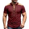 Men's Retro V-Neck Short Sleeve Shirt with Tie Front Casual Tee