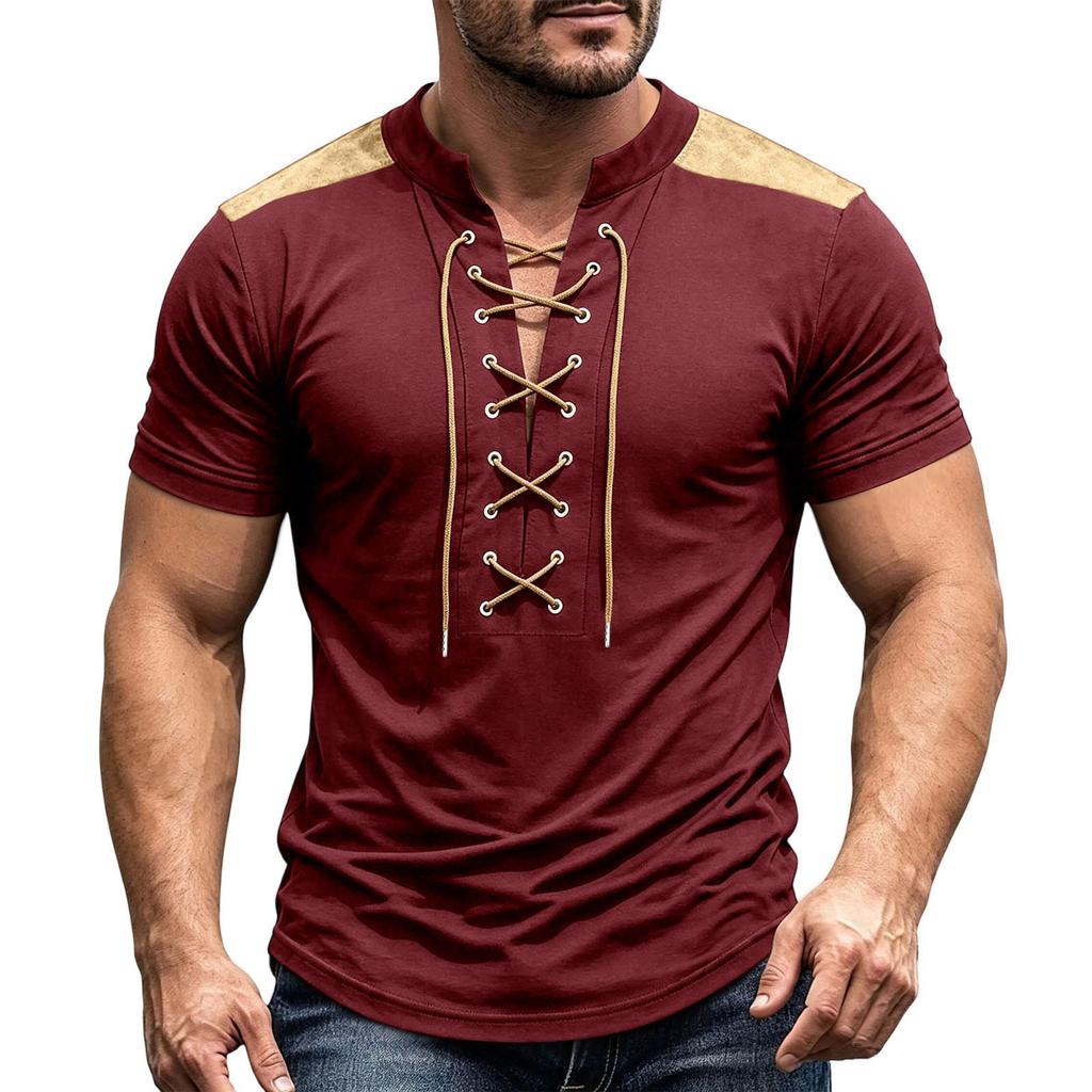 Men's Retro V-Neck Short Sleeve Shirt with Tie Front Casual Tee