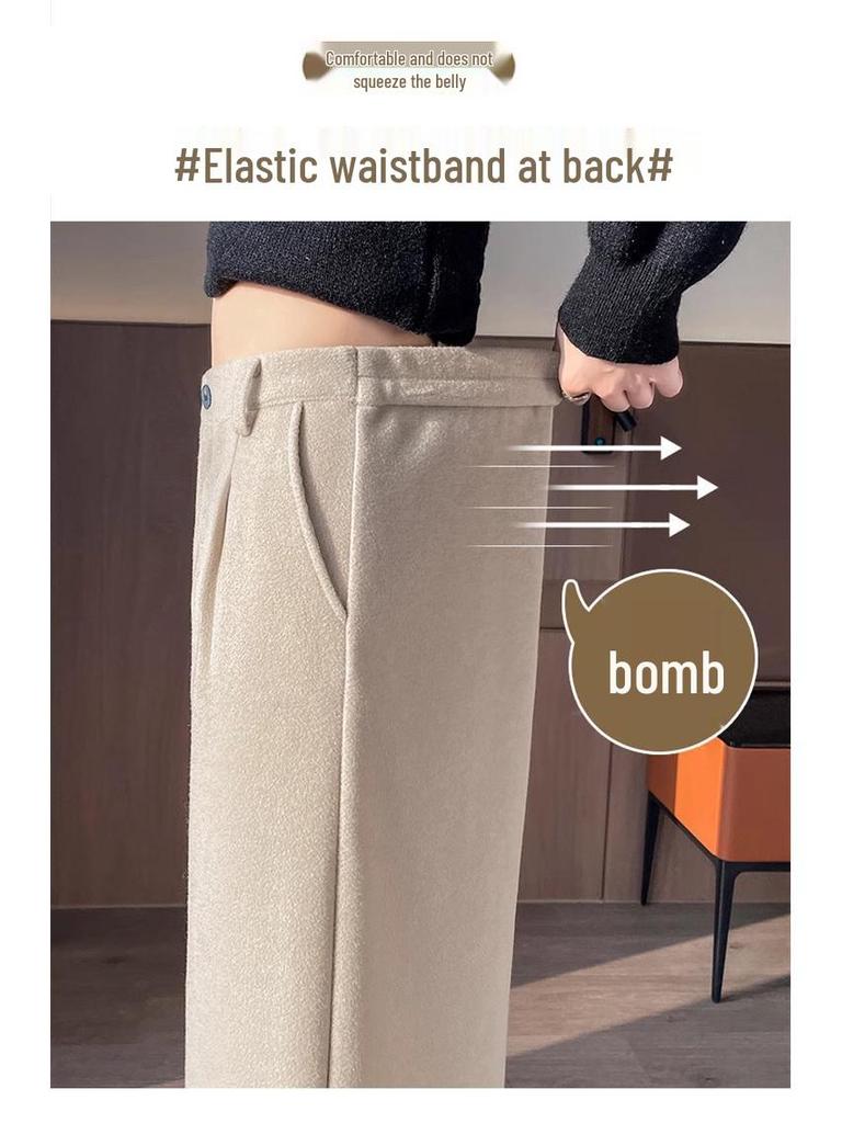 2024 Autumn/Winter Women's Black High-Waisted Woolen Wide-Leg Pants