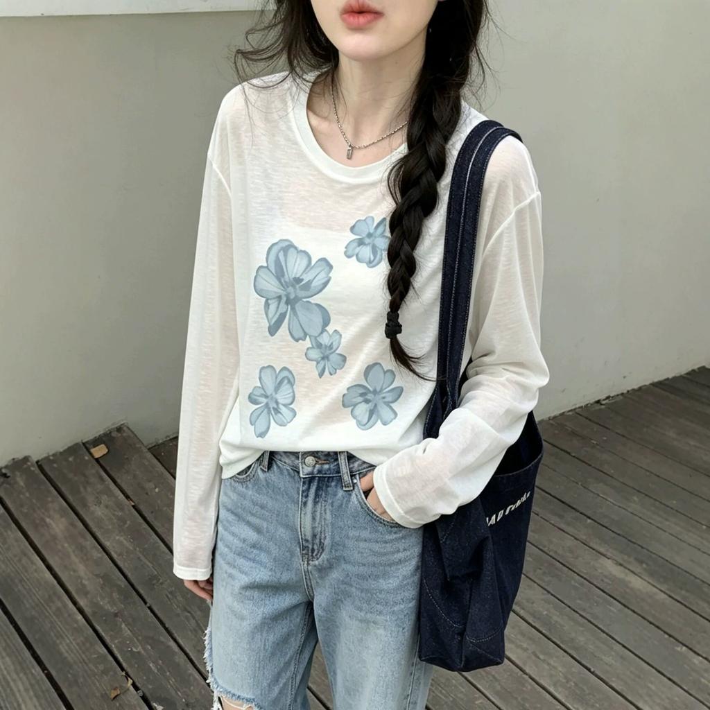 Lazy Korean Thin Loose Round Neck Sunscreen Long-sleeved T-shirt Women's Spring and Summer New Flower Print Blouse Top