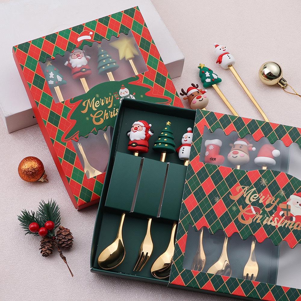 Cartoon Christmas Tree Stainless Steel Dessert Cutlery Set: Cute Fruit Fork & Spoon Gift