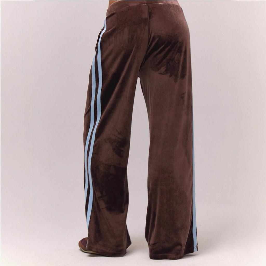Damskie spodnie dresowe z szerokimi nogawkami, z aksamitnymi lampasami po bokach, koronkowym paskiem, elastyczną talią, do biegania, casualowe, domowe, damskie, kolor karmelowy