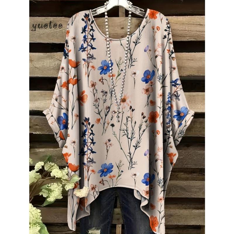 Camiseta para Mujer Estampado Floral Colorido Cuello Redondo Top Dobladillo Irregular Manga Corta Talla Grande Ropa para Mujer Casual al Aire Libre