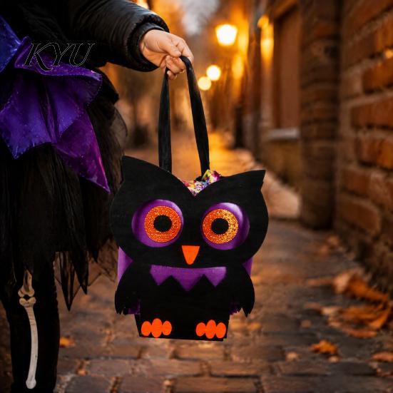 Portable Candy Storage Containers Halloween Felt Trick or Treat Bags, Cartoon Owl Bat Devil Pumpkin Kids Durable Pails Handheld Tote Reusable