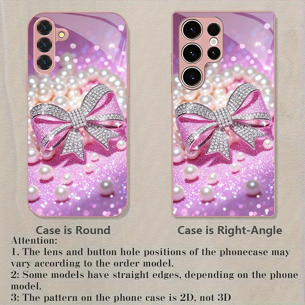 Diamond bow metal paint glass phone case suitable for Samsung Galaxy S26 S25 S24 S22 S21 S20 FE/Ultra/Plus anti drop back cover