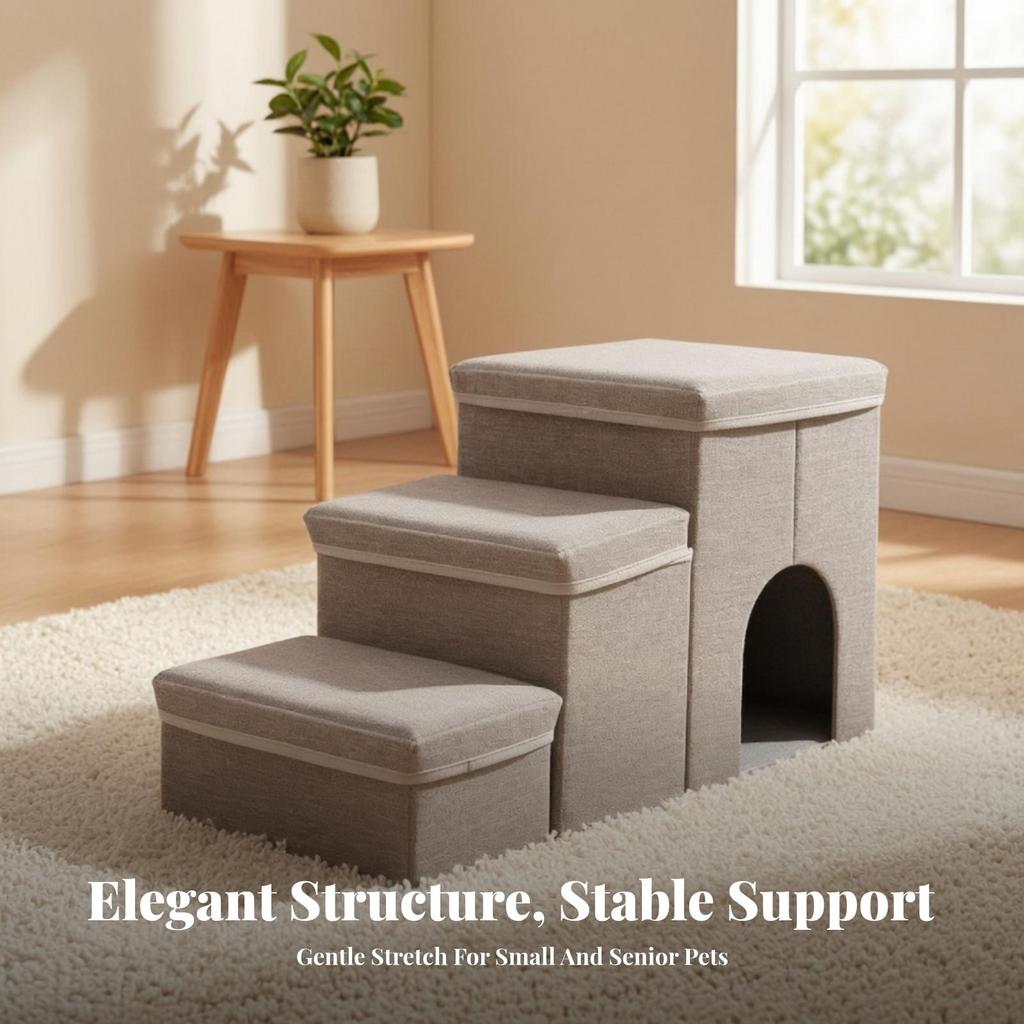 3-Step Pet Stairs Soft Steps with Den Cozy for Sofa, Living Room, Small Dogs