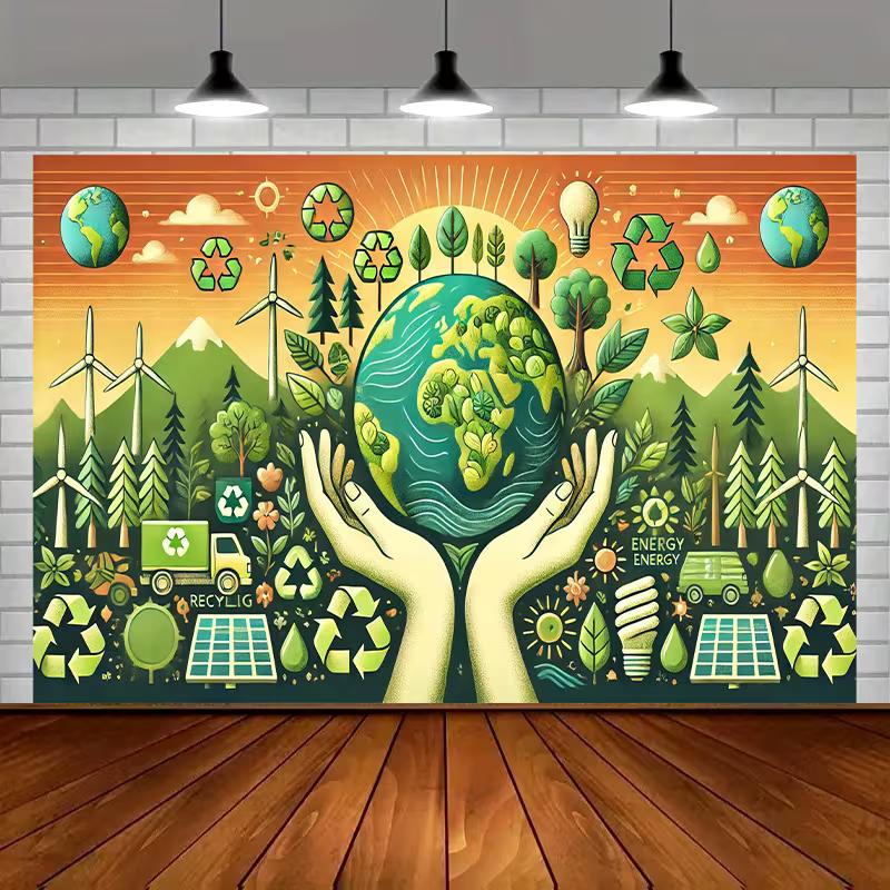 2D Environmental Awareness Backdrop, Earth Day Recycle & Renewable Energy Party Background