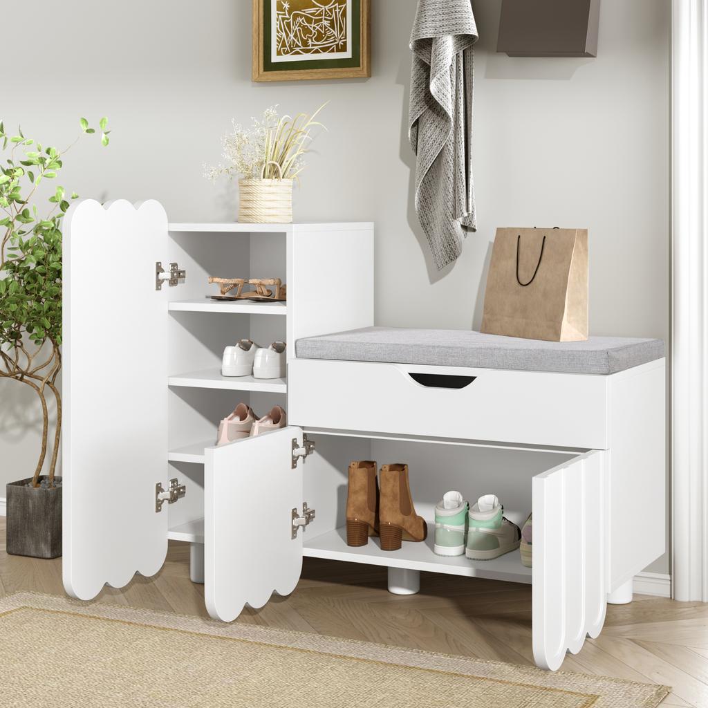 Modern 3-door shoe cabinet with drawer & seat cushion – White – Shoe cabinets and shoe benches