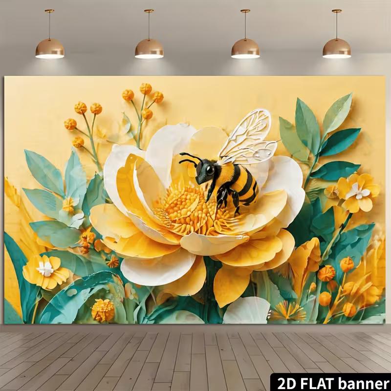 2D Spring Bee Flower Backdrop, Paper Art Style Bee On Yellow Bloom Photo Background